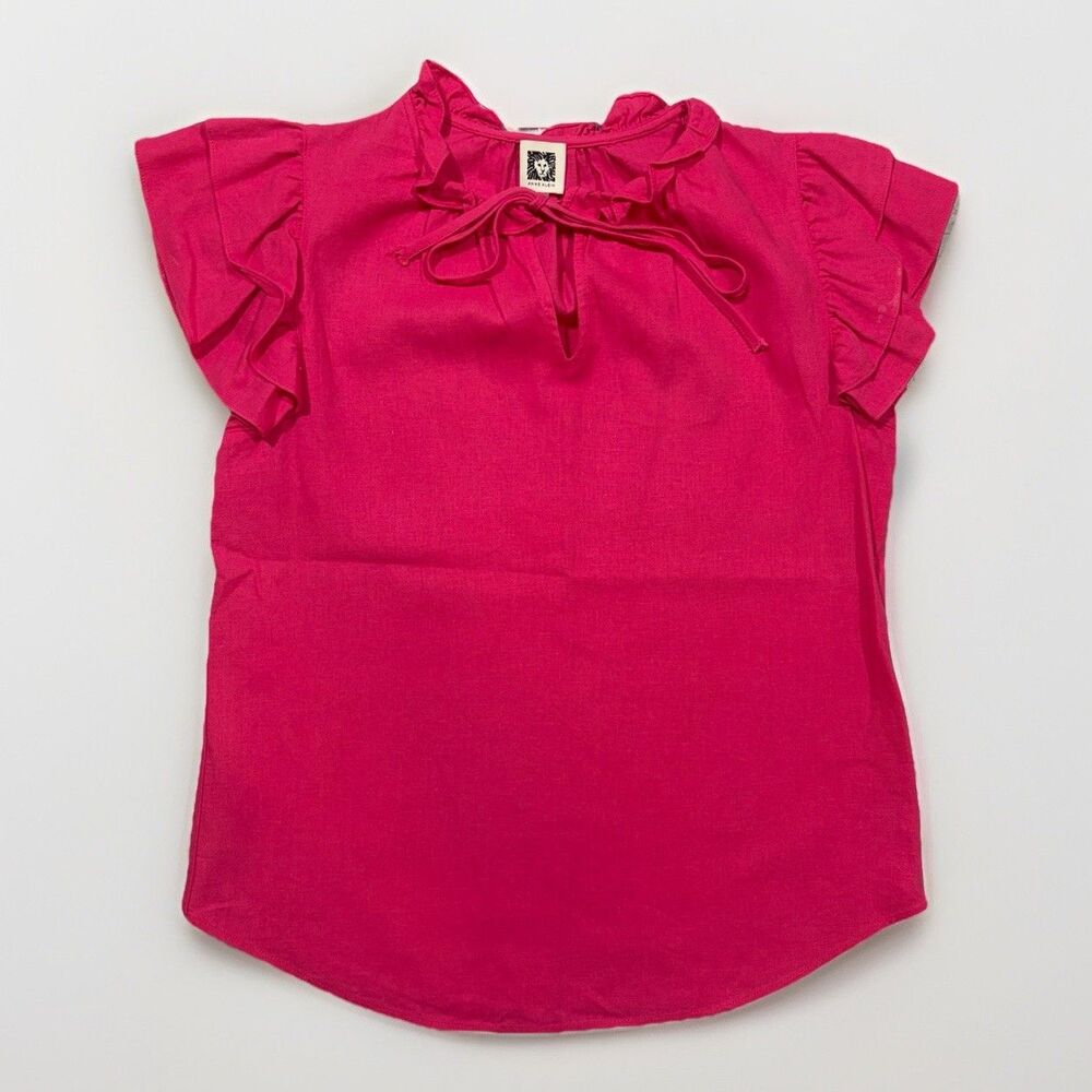 Anne Klein Women's Small Pink Ruffle Sleeve Ruffle Neck Linen Blouse Tie Closure